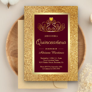Gold Glitzer Tiara Princess Burgundy Quinceanera Einladung