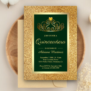 Gold Glitzer Tiara Princess Green Quinceanera Einladung