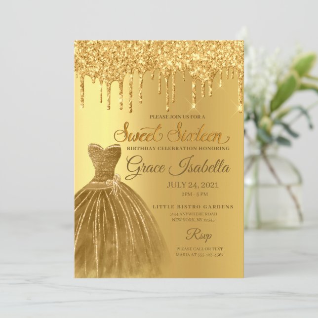 Gold Glitzer Tropfen 16 . Geburtstag Geburtstag Einladung (Stehend Vorderseite)