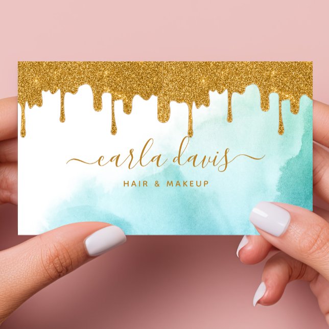 Gold Glitzer Tropfen Aquamarine Aquarellmalkunst Visitenkarte (Von Creator hochgeladen)