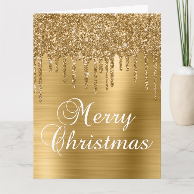 Gold Glitzer Tropfen auf Imitate Frohe Weihnachten Karte (Vorderseite)