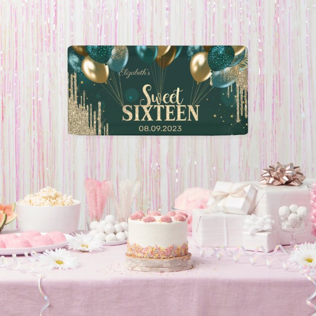 Gold Glitzer Tropfen Balloons Green Sweet 16 Banner (Party)