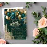 Gold Glitzer Tropfen Balloons Green Sweet 16 Einladung<br><div class="desc">Moderne,  schicke und glamouröse Glitzer-Tropfen und Ballons auf grünem Hintergrund.</div>