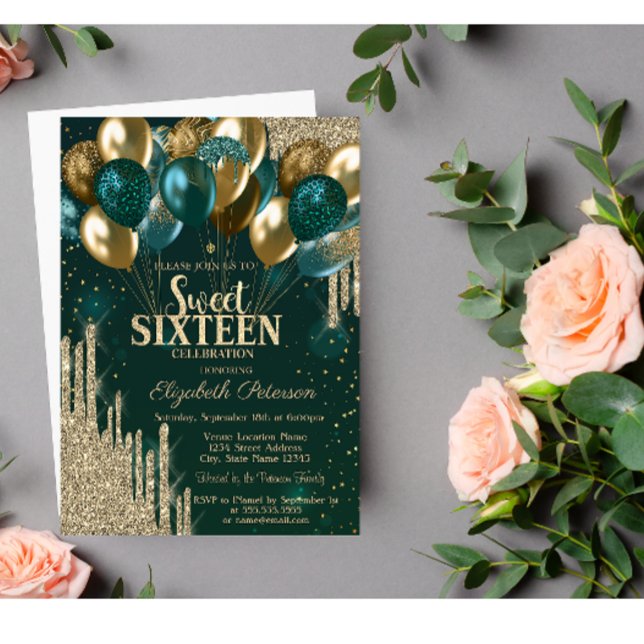 Gold Glitzer Tropfen Balloons Green Sweet 16 Einladung (Von Creator hochgeladen)