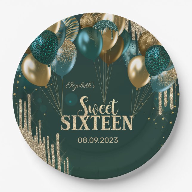 Gold Glitzer Tropfen Balloons Green Sweet 16 Pappteller (Vorderseite)