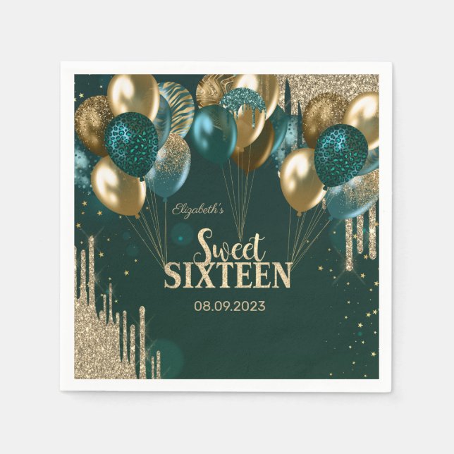 Gold Glitzer Tropfen Balloons Green Sweet 16 Serviette (Vorderseite)