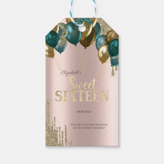 Gold Glitzer Tropfen Balloons Rose Gold Sweet 16 Geschenkanhänger (Vorderseite)