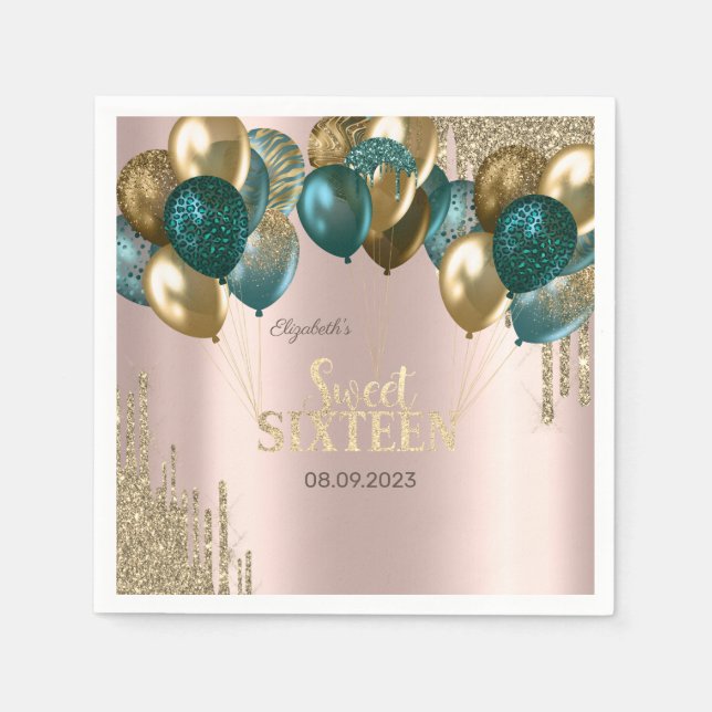 Gold Glitzer Tropfen Balloons Rose Gold Sweet 16 Serviette (Vorderseite)