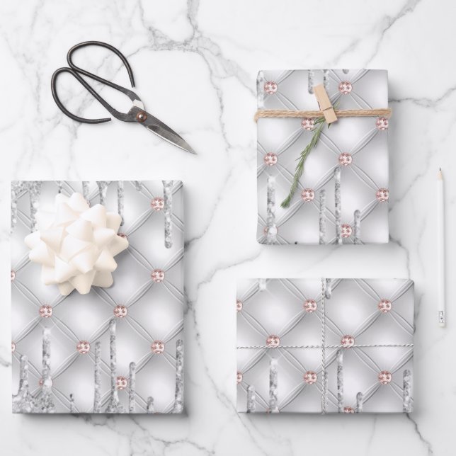 Gold-Glitzer-Tropfen der Silberne Rose funkeln gla Geschenkpapier Set (Vorderseite)