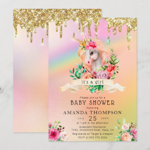 Gold Glitzer Tropfen Eine Girl Unicorn Kinderdusch Einladung
