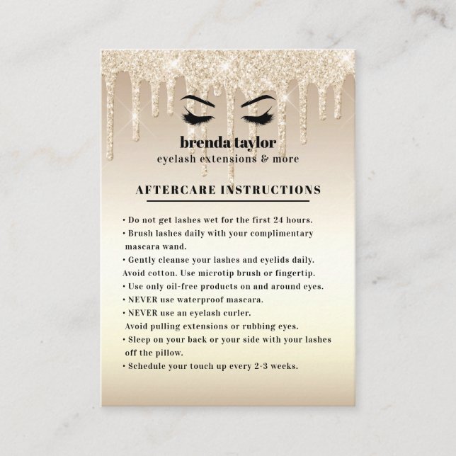 Gold Glitzer Tropfen Eyelash Aftercare Instruction Visitenkarte (Vorderseite)