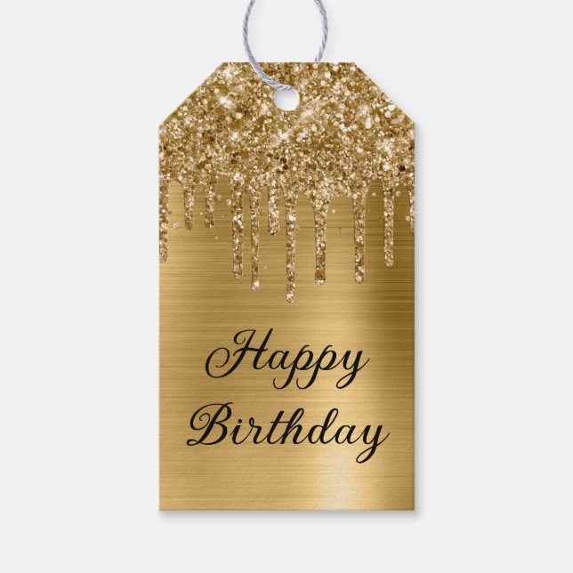 Gold Glitzer Tropfen Foil Happy Birthday Geschenkanhänger (Vorderseite)