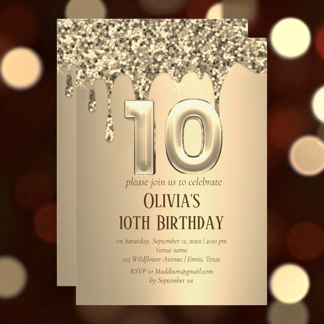 Gold Glitzer Tropfen Girl Girly 10. Geburtstag Einladung (Von Creator hochgeladen)