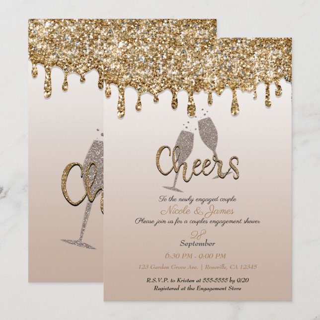 Gold Glitzer Tropfen Glam Bubbly Verlobung Dusche Einladung (Vorne/Hinten)