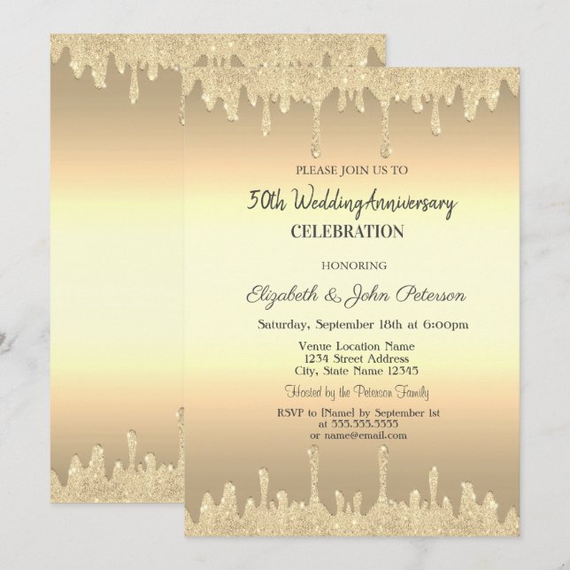 Gold Glitzer Tropfen Gold Wedding Jubiläum Einladung (Vorne/Hinten)