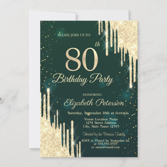 Gold Glitzer Tropfen Green 80. Geburtstag Einladung (Vorderseite)