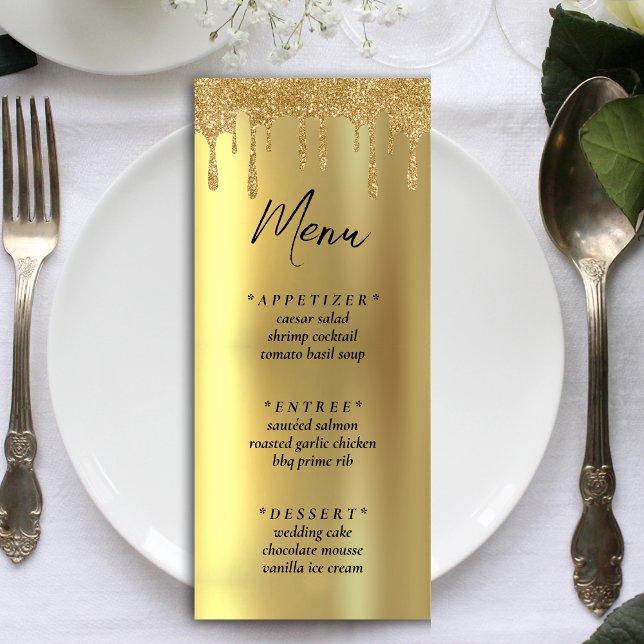 Gold Glitzer Tropfen Hochzeitsempfang Menükarte (Gold Glitter Drip Wedding Reception Menu)