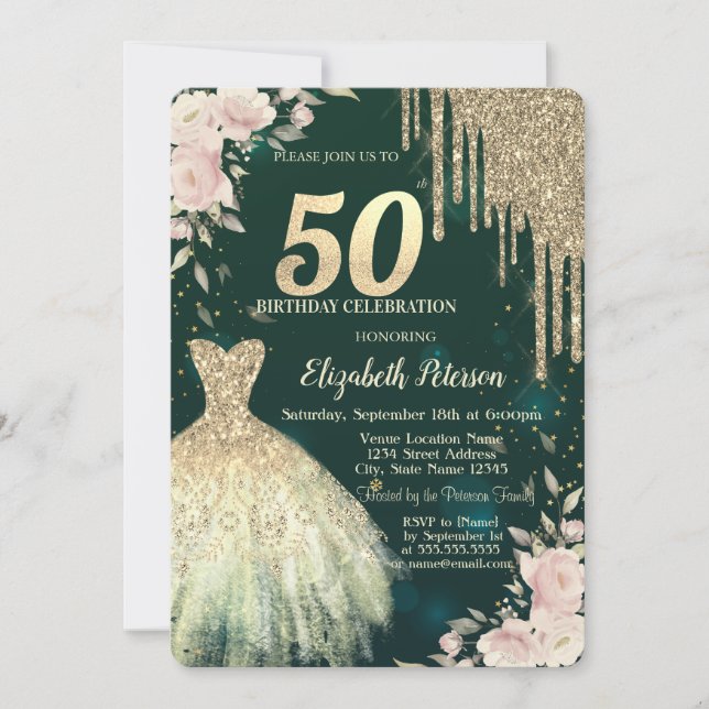 Gold Glitzer Tropfen, Kleid, Blumengrün50. Geburts Einladung (Vorderseite)