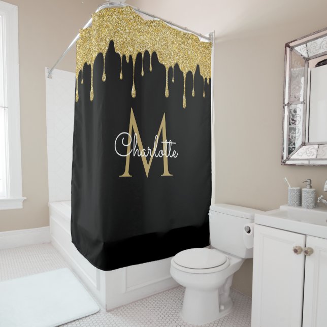 Gold Glitzer Tropfen Monogram Elegante Girly Scrip Duschvorhang (Beispiel)