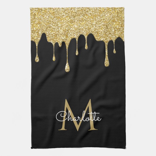 Gold Glitzer Tropfen Monogram Elegante Girly Scrip Geschirrtuch (Vertikal)