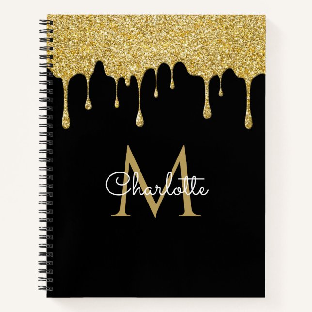 Gold Glitzer Tropfen Monogram Elegante Girly Scrip Notizbuch (Vorderseite)