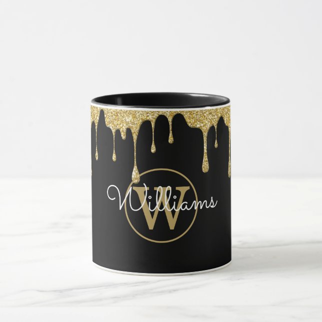 Gold Glitzer Tropfen Monogramm Schwarz Tasse (Zentrum)