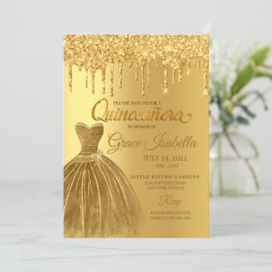 Gold Glitzer Tropfen Quinceanera Geburtstagsfeier Einladung