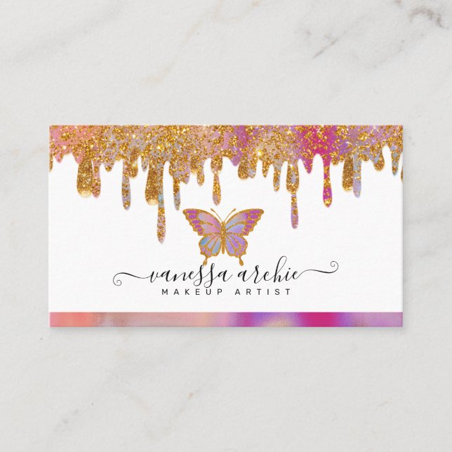 Gold Glitzer Tropfen Rainbow Butterfly Logo Visitenkarte (Vorderseite)