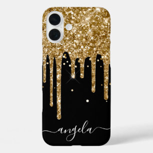 Gold Glitzer Tropfen Schwarze Glam Signatur iPhone 16 Plus Hülle