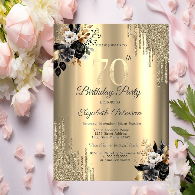Gold Glitzer Tropfen Schwarze Rose 70. Geburtstag Einladung (Von Creator hochgeladen)