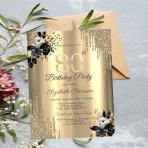 Gold Glitzer Tropfen Schwarze Rose 80. Geburtstag