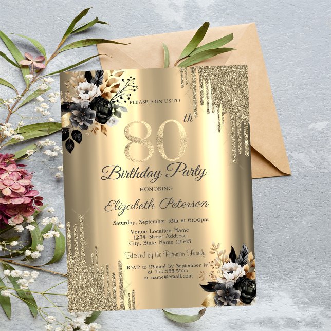 Gold Glitzer Tropfen Schwarze Rose 80. Geburtstag Einladung (Von Creator hochgeladen)