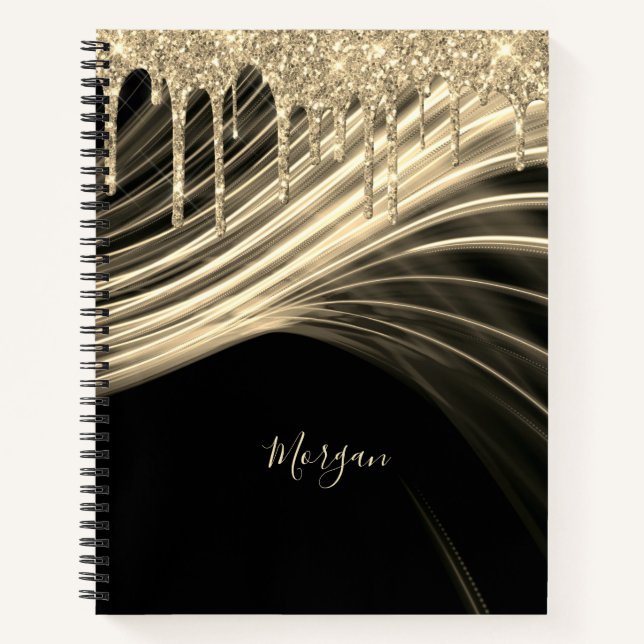 Gold-Glitzer-Tropfen und leichte Rays, Goldname Notizbuch (Vorderseite)