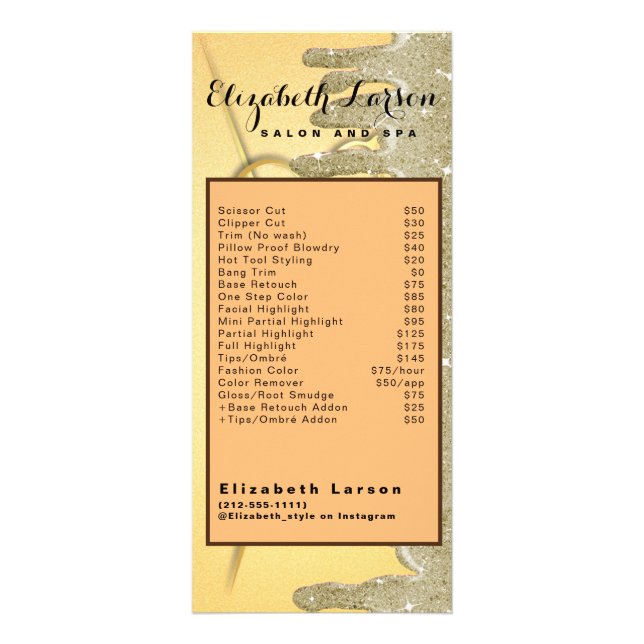 Gold Glitzer Tropfens Frisur Stylist Salon Rackkar Werbekarte (Vorne)