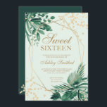 Gold Glitzer tropische grüne Wasserfarbe Süß 16 Einladung<br><div class="desc">Grüne tropische Palme Aquarell und Glitzer Konfetti Typografie Sweet 16 Geburtstag mit handgemalten grünen Aquarellblättern,  perfekt für Frühjahr und Sommer Geburtstagsparty.</div>