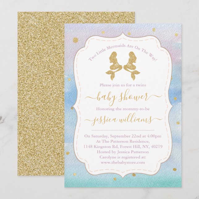 Gold Glitzer Twin Mermaids Kinderdusche Einladung (Vorne/Hinten)