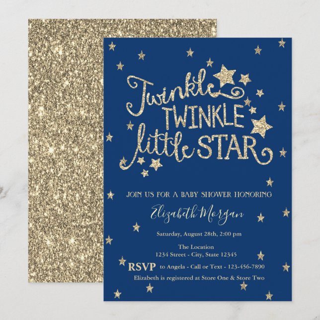 Gold Glitzer Twinkle Little Star Baby Dusche Einladung (Vorne/Hinten)
