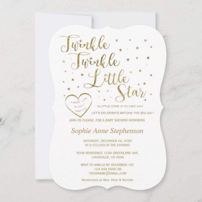 Gold Glitzer Twinkle Twinkle Girl Baby Dusche Einladung (Vorderseite)