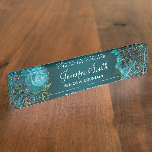 Gold-Glitzer und Aquamarine Glam-Rose Namensplakette