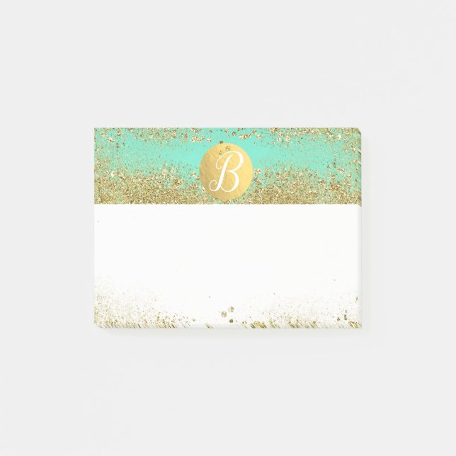 Gold Glitzer und Aquamarines Aqua Glam Custom Mono Post-it Klebezettel (Vorderseite)