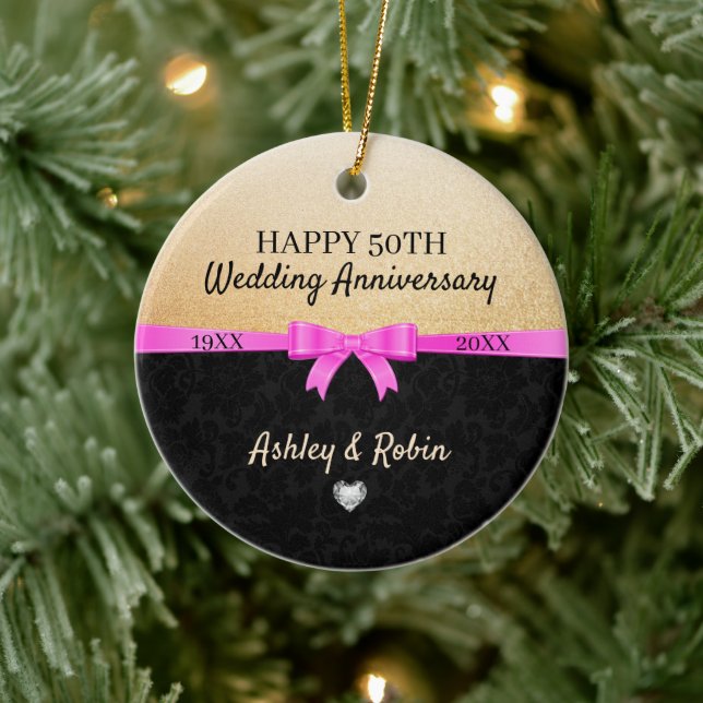 Gold-Glitzer und Black Damask Keramik Ornament (Baum)