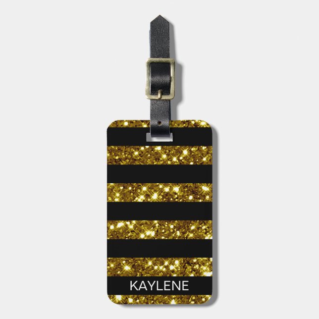 Gold Glitzer und Black Strip Gepäckmarke Gepäckanhänger (Vorderseite vertikal)