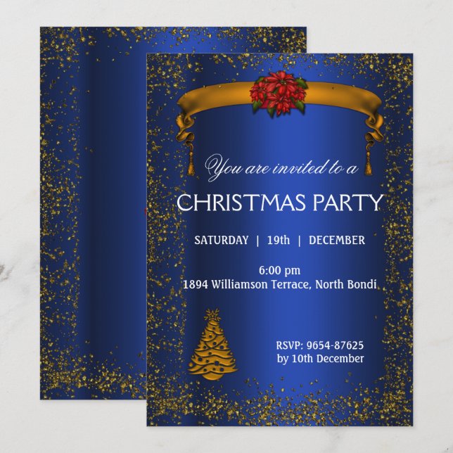 Gold Glitzer und Blue Christmas Einladung (Vorne/Hinten)