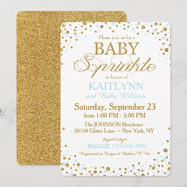 Gold Glitzer und Blue Sprinkle Baby Dusche Einladung (Vorne/Hinten)