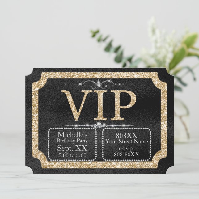 Gold Glitzer und Diamanten auf Black VIP Ticket Einladung (Stehend Vorderseite)