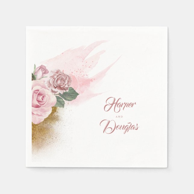 Gold Glitzer und Dusty Rose Blumenhochzeit Serviette (Vorderseite)