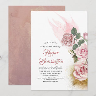 Gold Glitzer und Dusty Rose Floral Baby Dusche Einladung