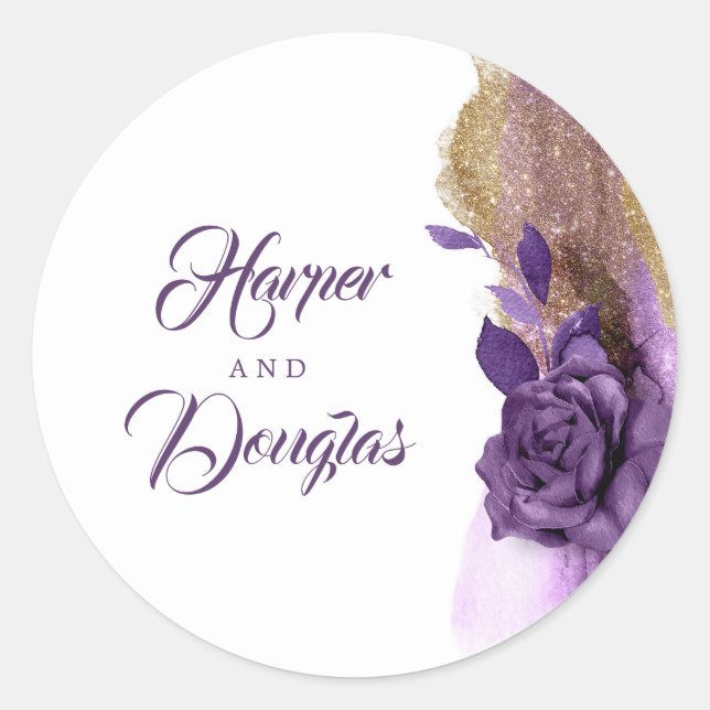 Gold Glitzer und Eggplant Lila Hochzeit Runder Aufkleber (Vorderseite)