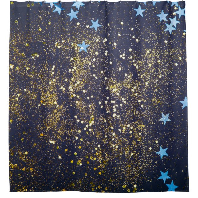 Gold Glitzer und glitzernde blaue Sterne auf schwa Duschvorhang (Vorderseite)
