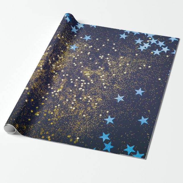 Gold Glitzer und glitzernde blaue Sterne auf schwa Geschenkpapier (Ungerollt)